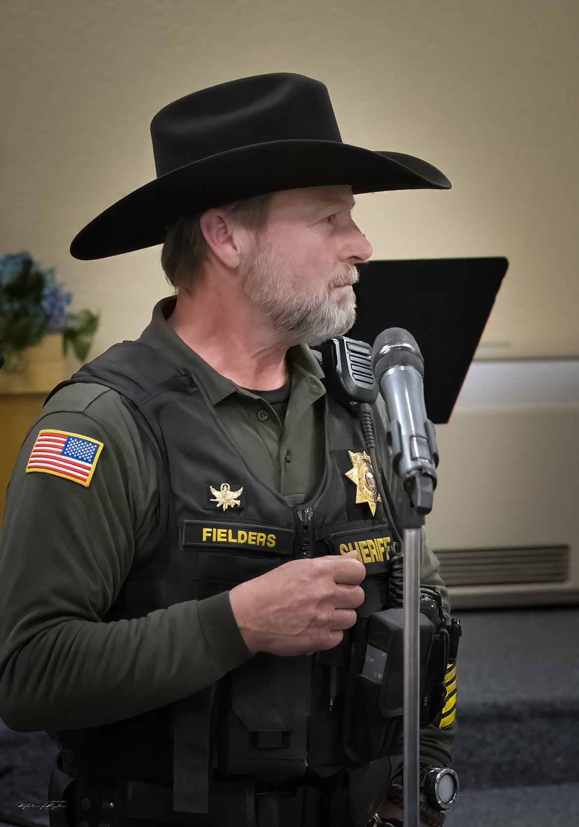 Sanders County Sheriff Shawn Fielders speaks at a community meeting Friday at the Plains Alliance Church. (Tracy Scott/Valley Press)