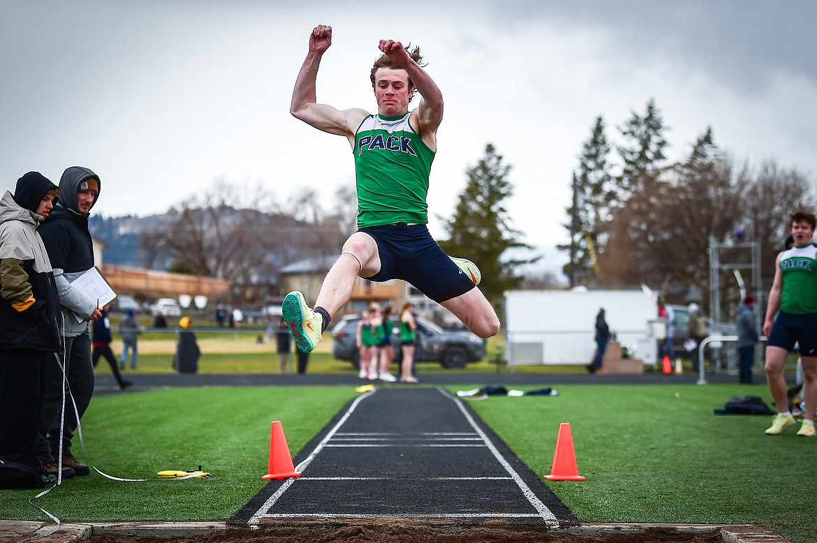 Glacier's Xavier Stout competes in the long jump during a crosstown track meet with Flathead at Legends Stadium on Tuesday, April 18. (Casey Kreider/Daily Inter Lake)