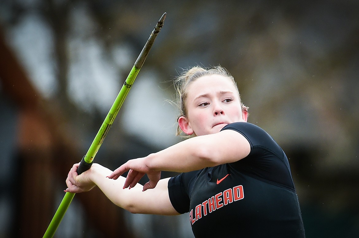 Flathead's Tali Miller competes in the javelin during a crosstown track meet with Glacier at Legends Stadium on Tuesday, April 18. (Casey Kreider/Daily Inter Lake)