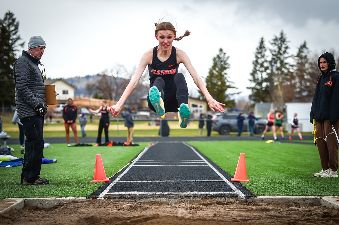 Flathead's Mia Stephan competes in the long jump during a crosstown track meet with Glacier at Legends Stadium on Tuesday, April 18. (Casey Kreider/Daily Inter Lake)