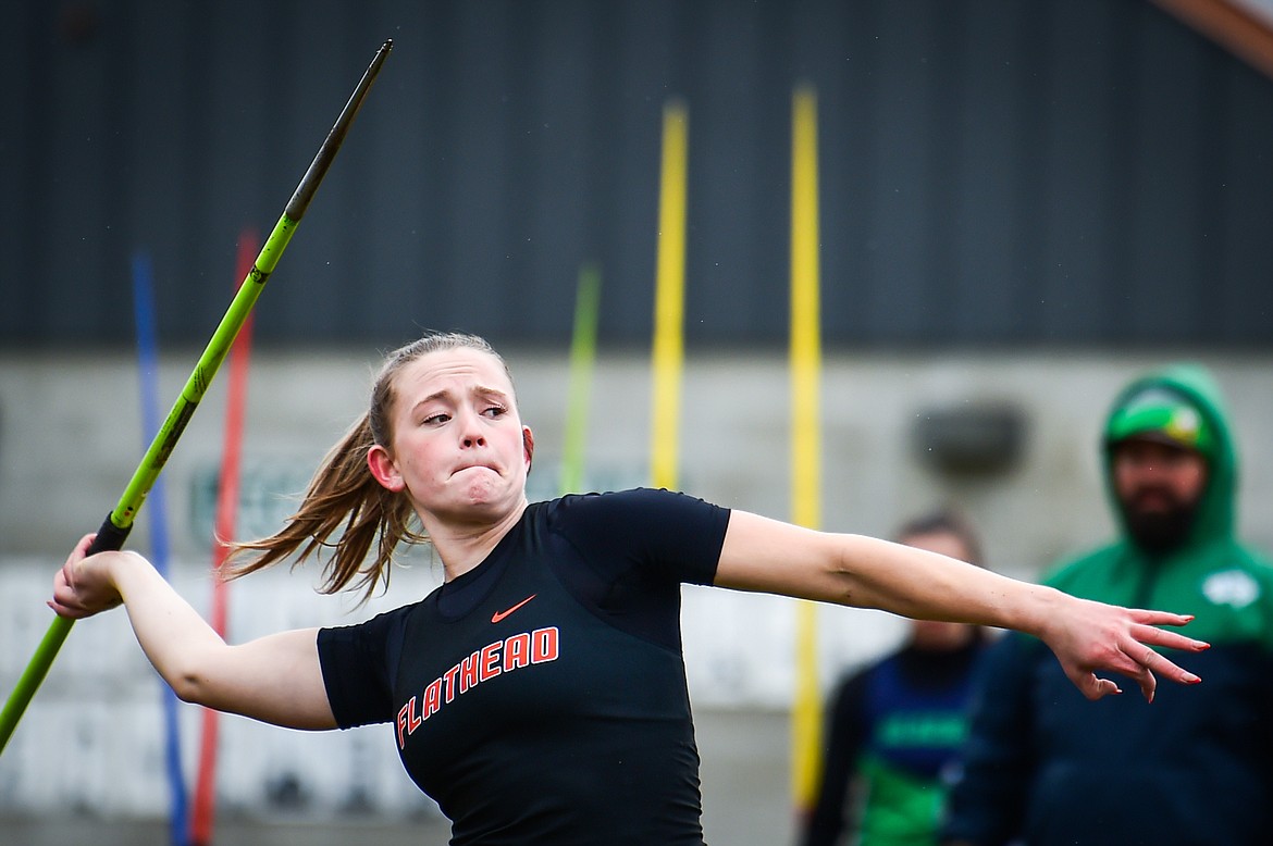 Flathead's Tali Miller competes in the javelin during a crosstown track meet with Glacier at Legends Stadium on Tuesday, April 18. (Casey Kreider/Daily Inter Lake)