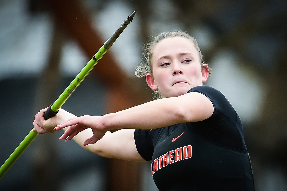 Flathead's Tali Miller competes in the javelin during a crosstown track meet with Glacier at Legends Stadium on Tuesday, April 18. (Casey Kreider/Daily Inter Lake)