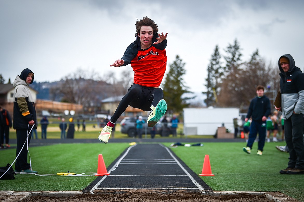 Flathead's Brody Thornsberry competes in the long jump during a crosstown track meet with Glacier at Legends Stadium on Tuesday, April 18. (Casey Kreider/Daily Inter Lake)