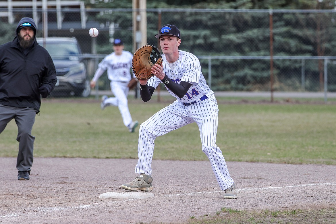 Ethan Austin catches a ball at first base last week against Eureka. (JP Edge photo)