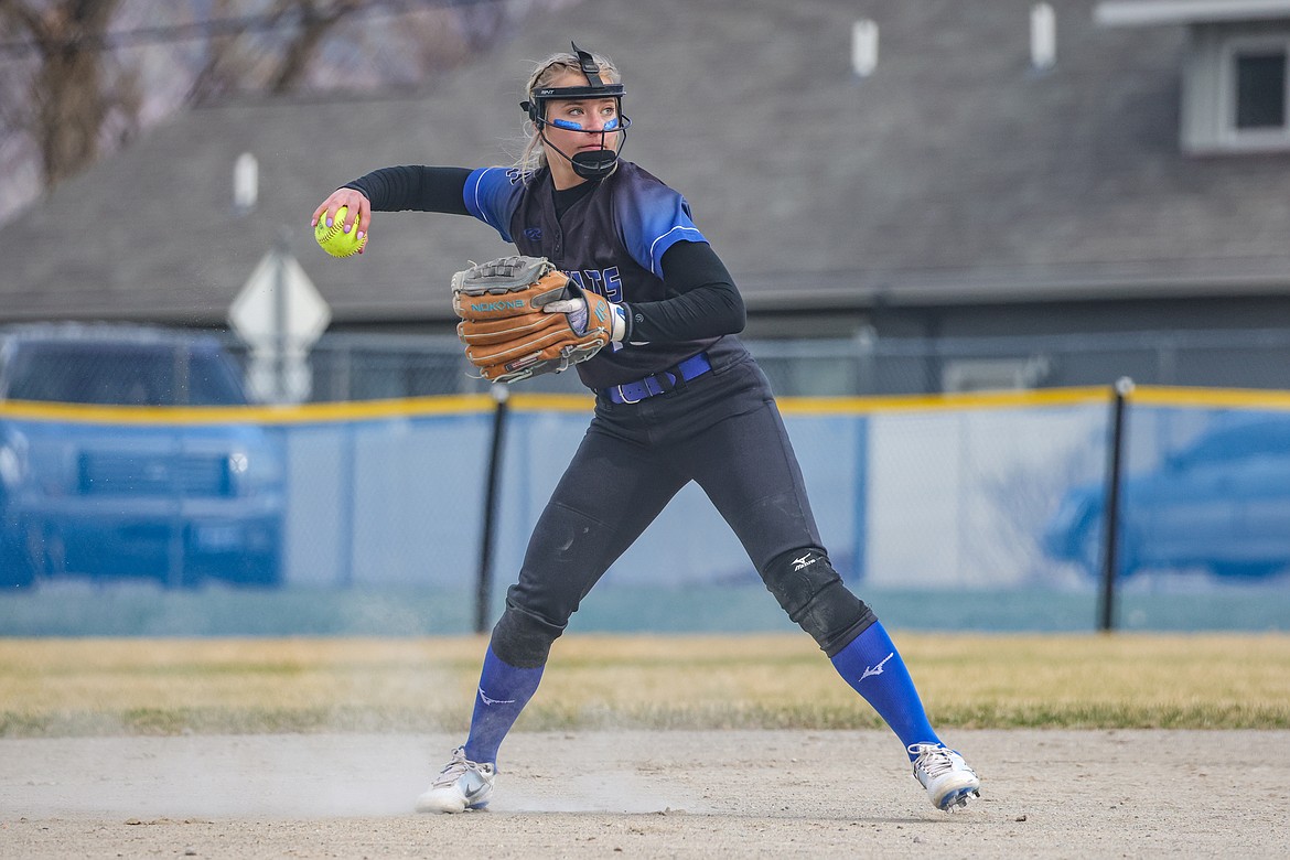 Senior Sydney Mann throws a grounder to first at home against Ronan last week. (JP Edge photo)