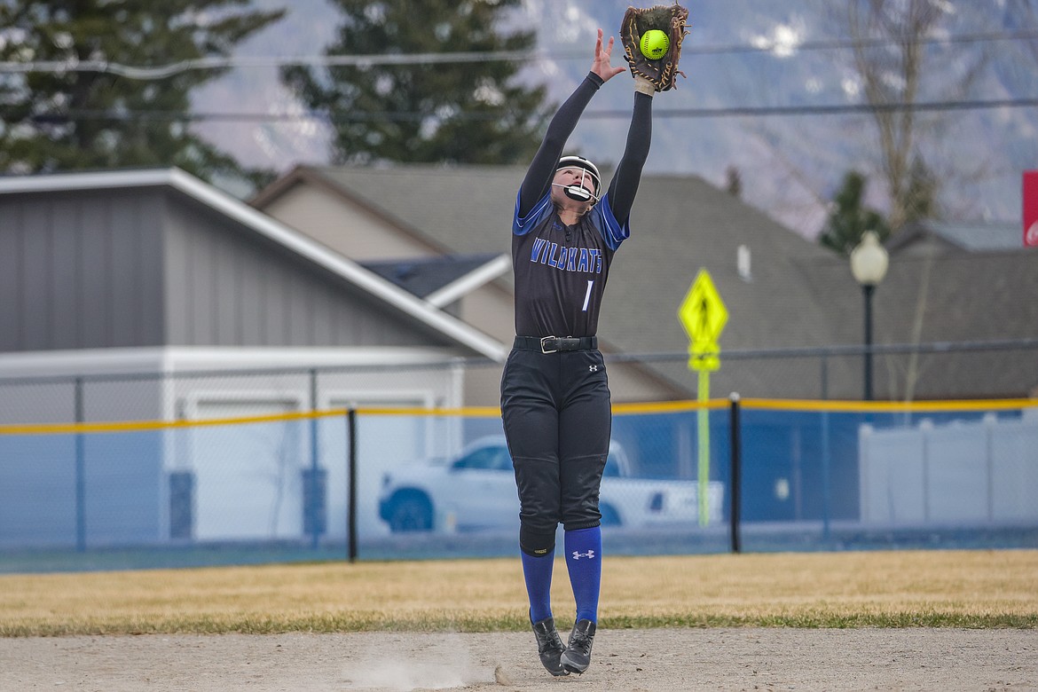 Senior Aspen Dawson catches a fly ball in the diamond at home against Ronan last week. (JP Edge photo)