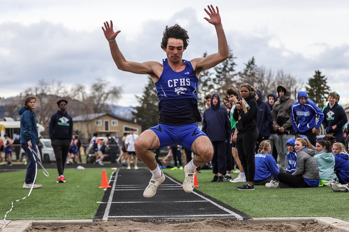 Senior Jace Duval competes in the triple jump at the Flathead Time Trials in Kalispell last Tuesday. (JP Edge)