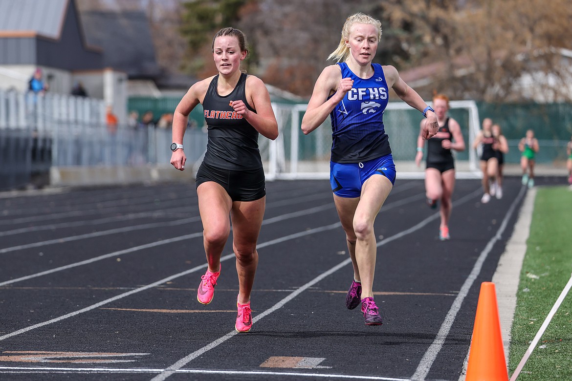 A photo finish for senior Siri Erickson in the 1600m race in Kalispell at the Flathead Time Trials last Tuesday. (JP Edge photo)