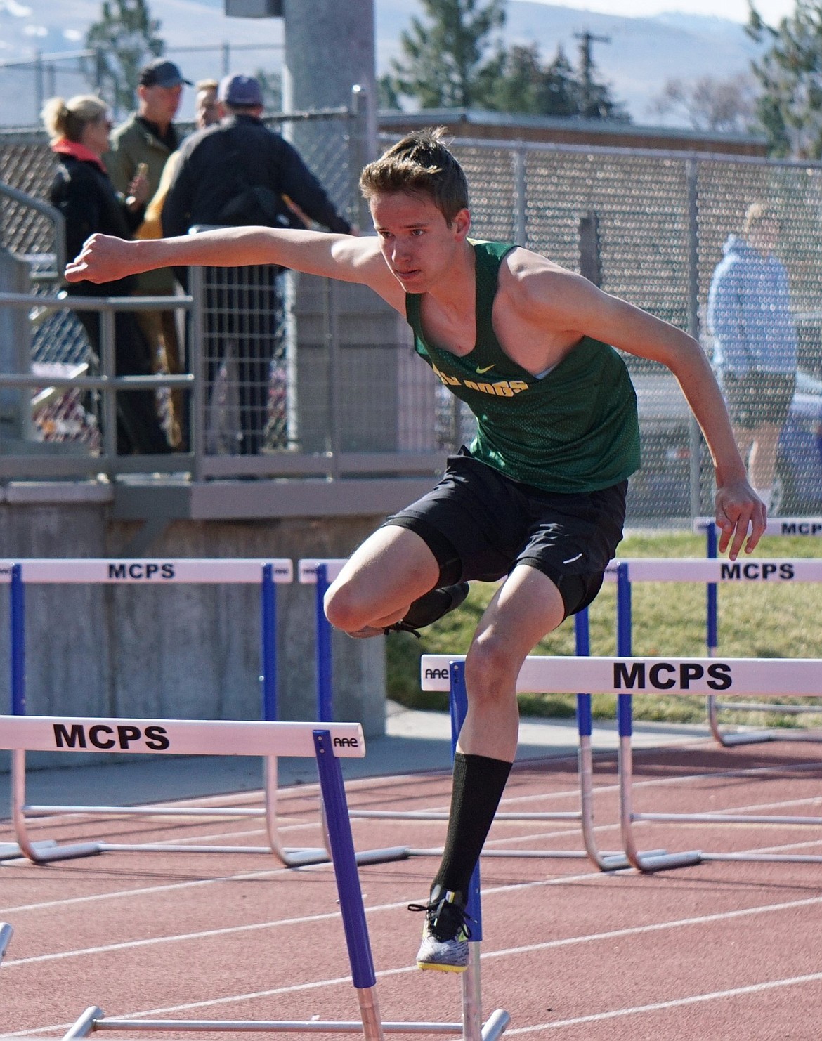 Bulldog senior Bowdrie Krack competes in the men’s 110 meter hurdles in Missoula on Saturday. (Matt Weller photo)