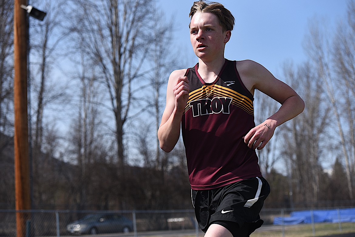 Troy's Nolan Morris won the 1,600-meter run and placed second in the 800-meter run for the Trojans Saturday, April 14, at the Libby Invitational. (Scott Shindledecker/The Western News)