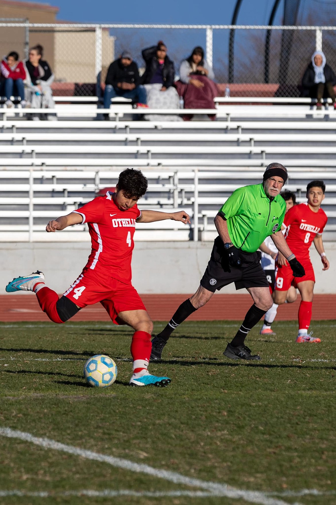 Othello junior Cristian Torres (4) tallied a hat trick against Ellensburg on March 30, where the Huskies beat the previously undefeated Bulldogs 4-3.