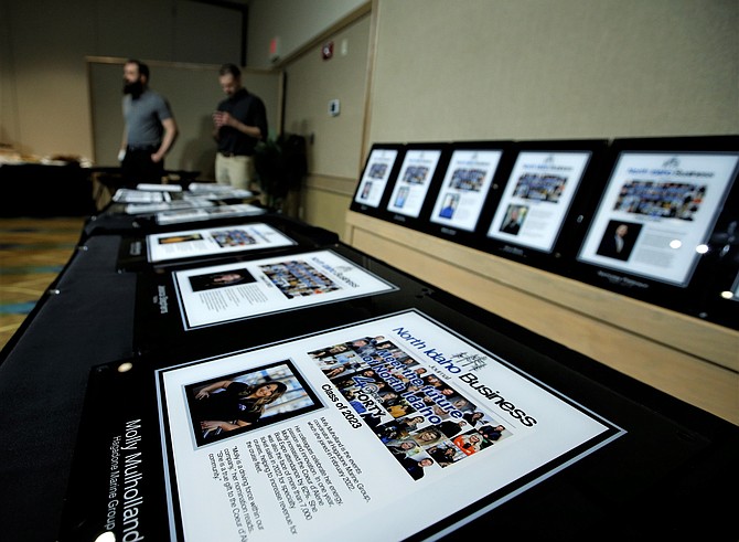 Awards line a table at the North Idaho Business Journal’s inaugural 40 Under 40 awards recognition event Wednesday, April 19 at The Best Western Plus Coeur d'Alene Inn.