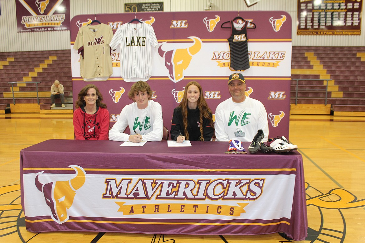 Moses Lake High School athletes Blaine Macdonald, second from left and Sydney Macdonald, second from right, signed letters of intent to play college athletics Wednesday. They are pictured with their parents Teresa Macdonald, left, and Eric Macdonald, right.