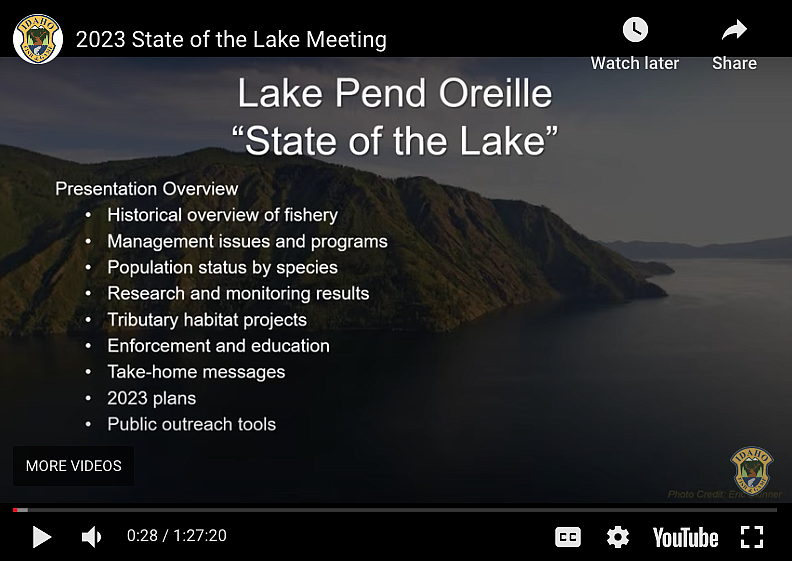 A still from a video by Fish and Game presenting the state of the waters of Pend Oreille, the diverse fisheries and management practices in the lake, and an in-depth look at the latest population trends for kokanee, rainbow trout, lake trout, walleye and more. The video is available to watch online.