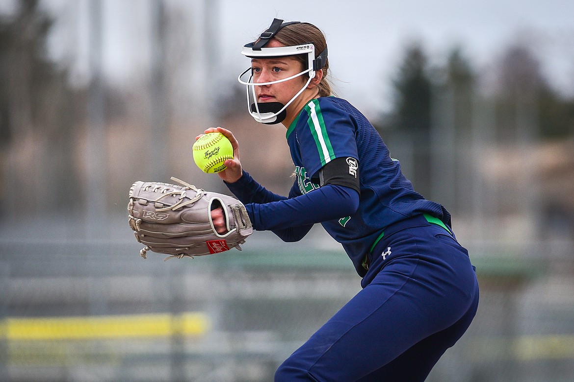 Glacier second baseman Zoey Allen readies a throw to first for an out in the second inning against Flathead at Kidsports Complex on Thursday, April 20. (Casey Kreider/Daily Inter Lake)