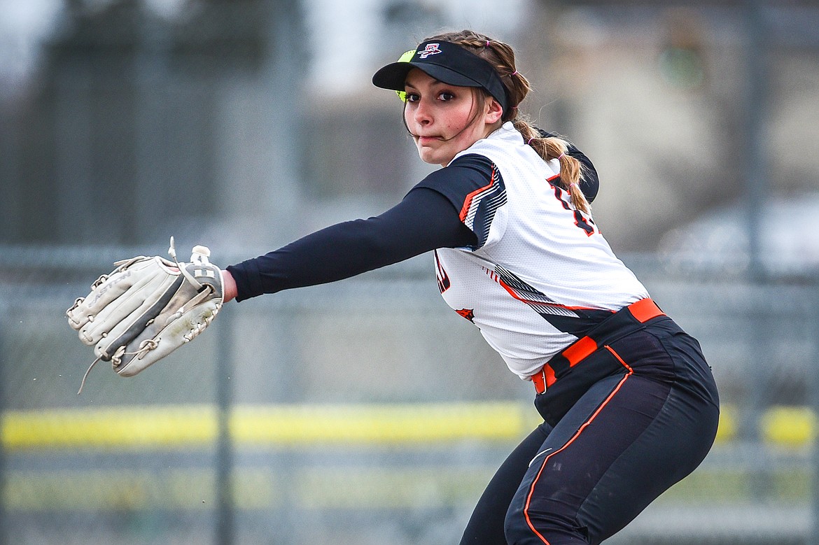 Flathead shortstop Reese Conley (17) readies a throw across the diamond for an out in the fourth inning against Glacier at Kidsports Complex on Thursday, April 20. (Casey Kreider/Daily Inter Lake)