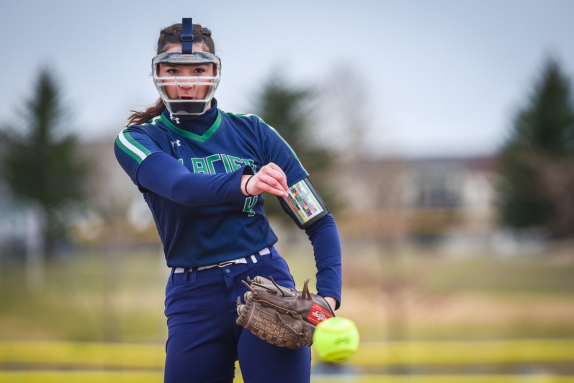 Glacier starting pitcher Morgan Vivian (4) delivers in the first inning against Flathead at Kidsports Complex on Thursday, April 20. (Casey Kreider/Daily Inter Lake)