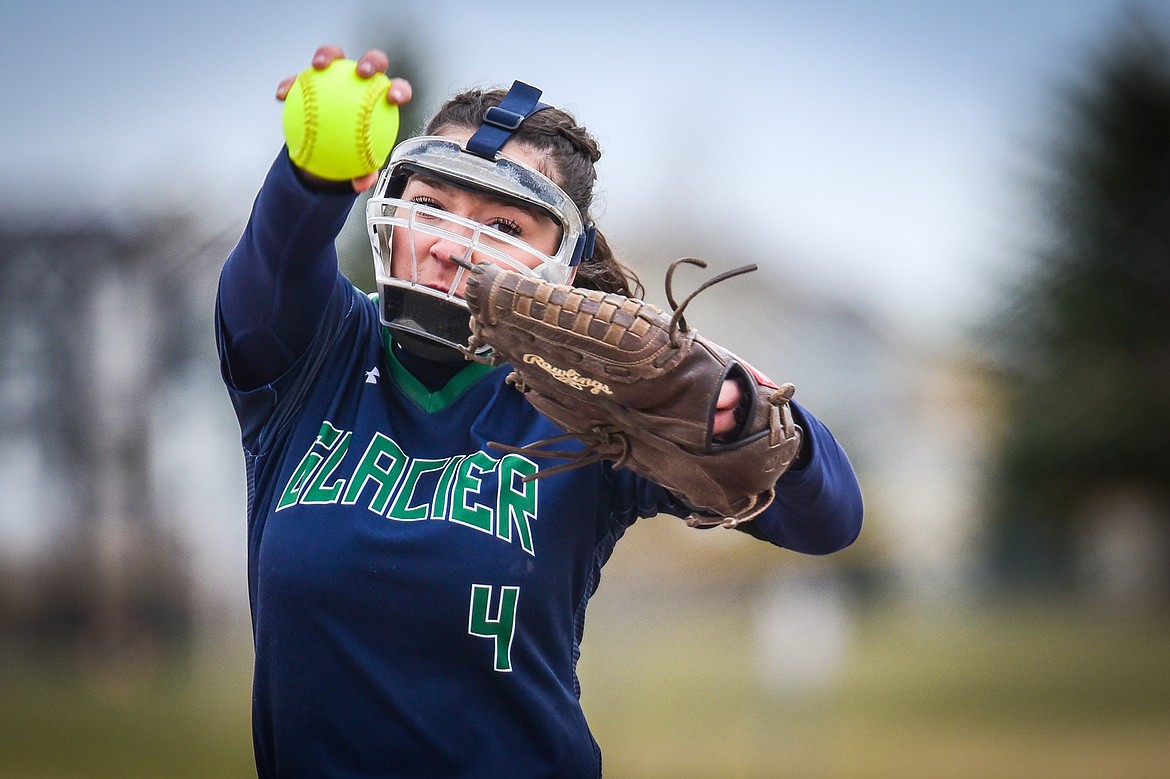 Glacier starting pitcher Morgan Vivian (4) delivers in the first inning against Flathead at Kidsports Complex on Thursday, April 20. (Casey Kreider/Daily Inter Lake)