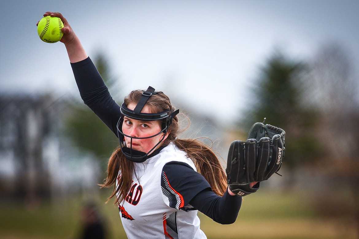 Flathead starting pitcher Ava Besson (16) delivers in the second inning against Glacier at Kidsports Complex on Thursday, April 20. (Casey Kreider/Daily Inter Lake)