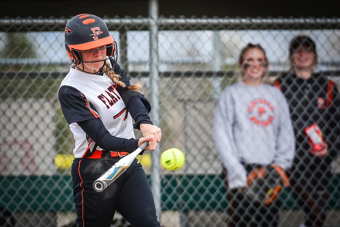 Flathead's Sawyer VanCampen (24) connects on a single in the third inning against Glacier at Kidsports Complex on Thursday, April 20. (Casey Kreider/Daily Inter Lake)