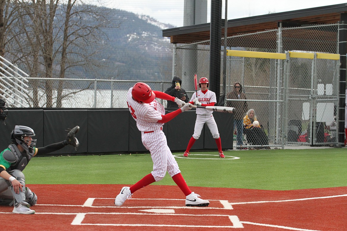 Kody MacDonald hits a single to left field in Game 1 versus Lakeland. MacDonald had five hits total between both games.