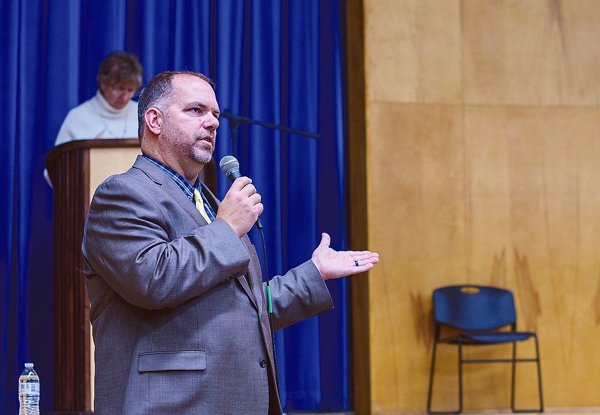 Cory Dziowgo talks to residents during a question-and-answer session earlier this month. (Chris Peterson/Hungry Horse News)