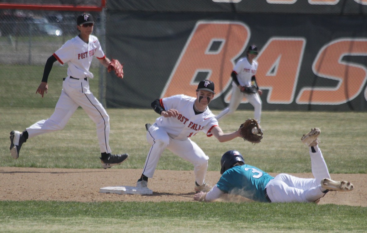 MARK NELKE/Press
Post Falls second baseman Caleb Jimerson snags the throw and prepares to tag out Travis Usdrowski of Lake City in the first game Saturday at Post Falls High.