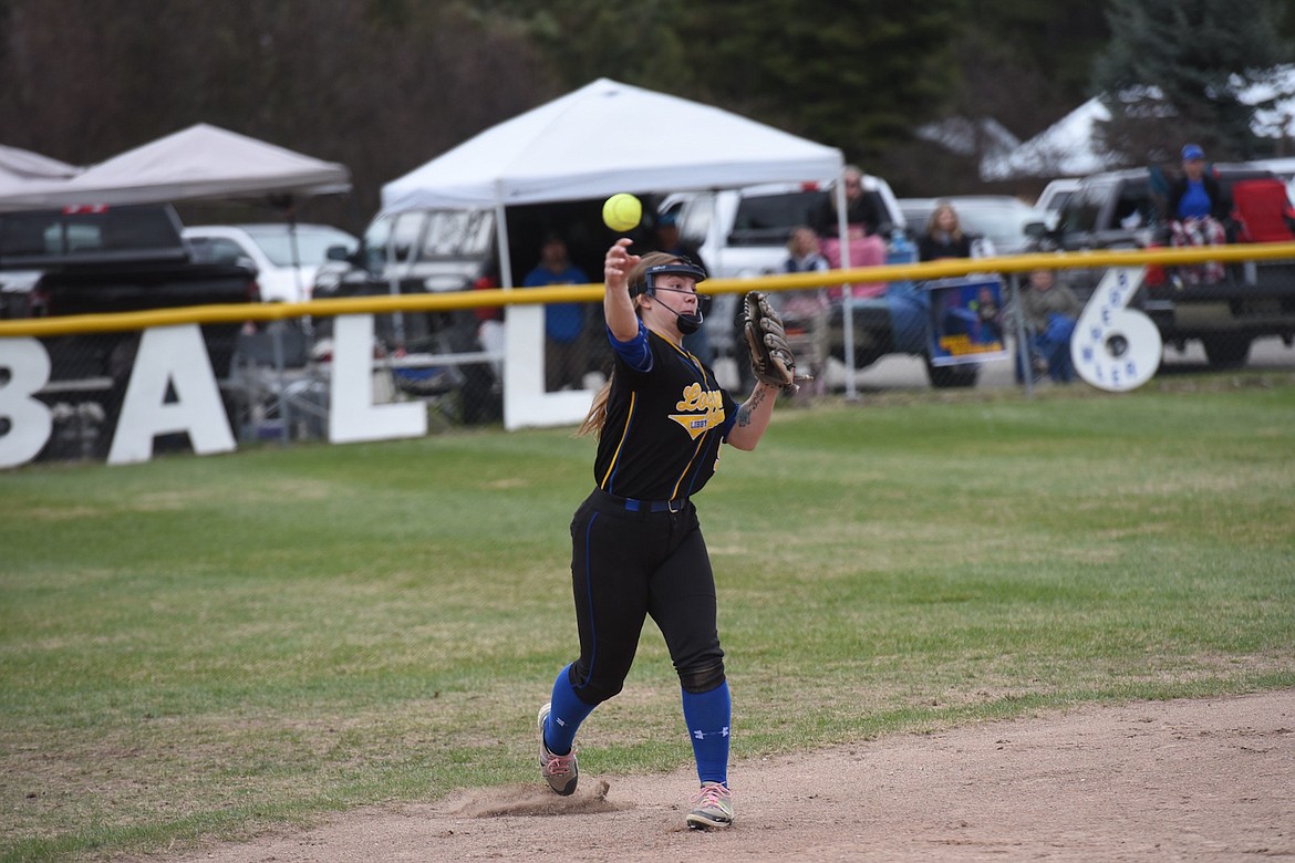 Libby's Destinee Crawford makes a throw Saturday against Ronan. (Scott Shindledecker/The Western News)