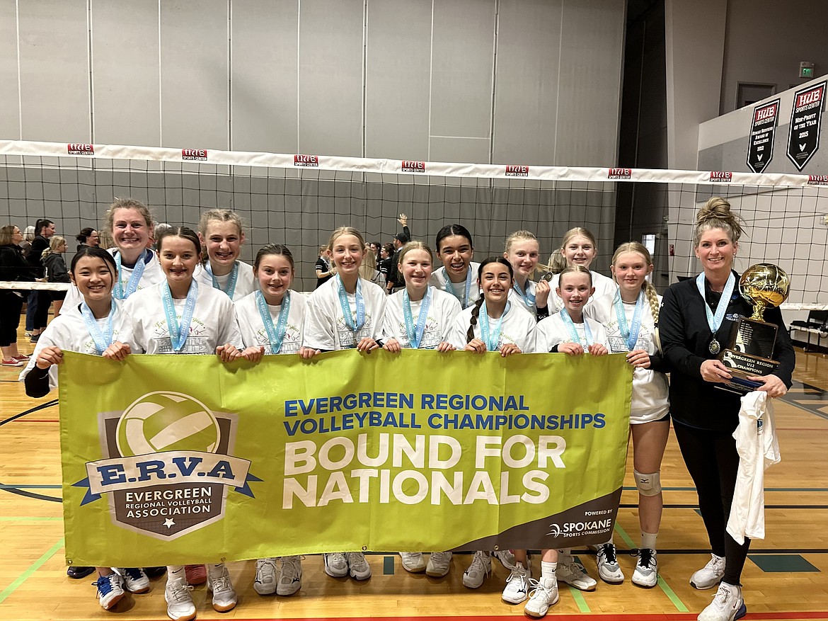 Courtesy photo
The 208 U12 Elite volleyball team won the Evergreen Regional Championship this past weekend at the HUB Sports Center in Liberty Lake and earned a bid to play at the USA Junior National Championships in Minneapolis June 14-17. In the front row from left are Sonia-Rei Fong, Ella Jeanselme, Gretah Angle, Paisley Ray, Danica Pratt, Jade Laos, Chloe Rasmussen, Lilly Fletcher and head coach Jessica Trevena; and back row from left, coach Amber Powell, Everlee Powell, Ellie Fangman, Peyton Barclift and Texanna Schlechte.