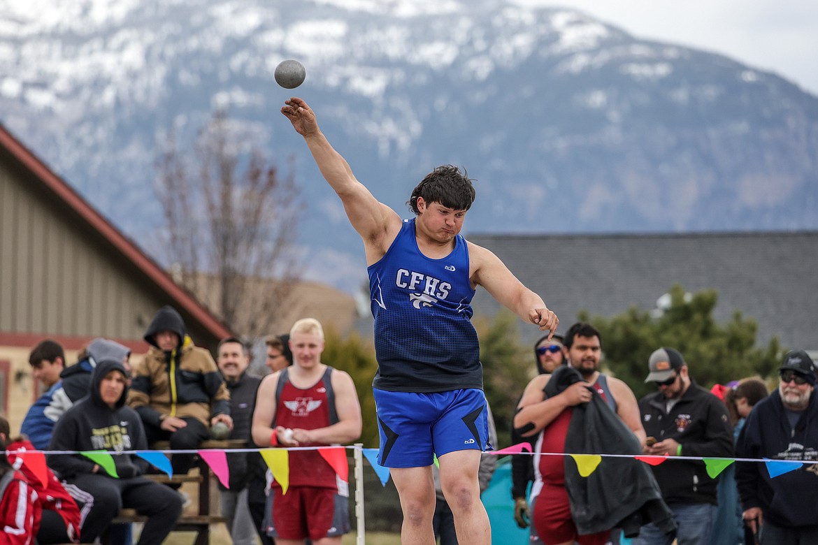 Soph. Lane Voermans throws in the shot put at home in the Iceberg Invite on Saturday. (JP Edge photo)