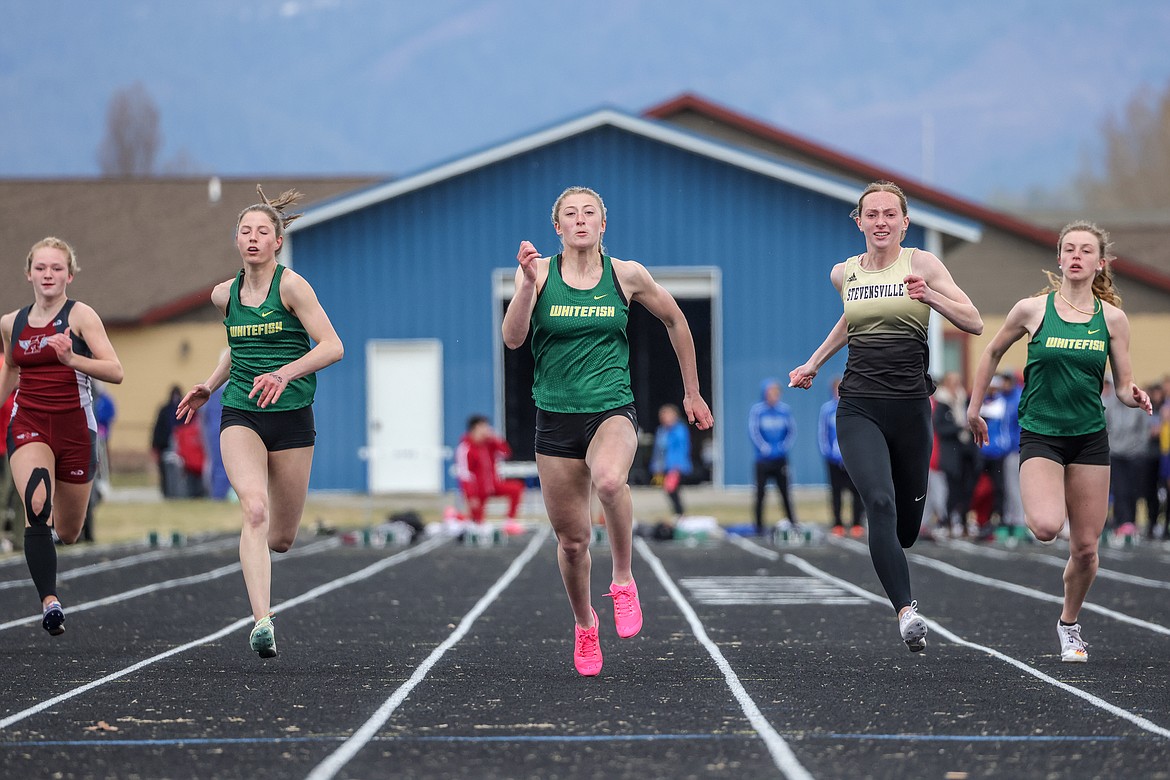 Senior Brooke Zetooney wins the girls 100m dash at the Iceberg Invite in Columbia Falls on Saturday. (JP Edge photo)