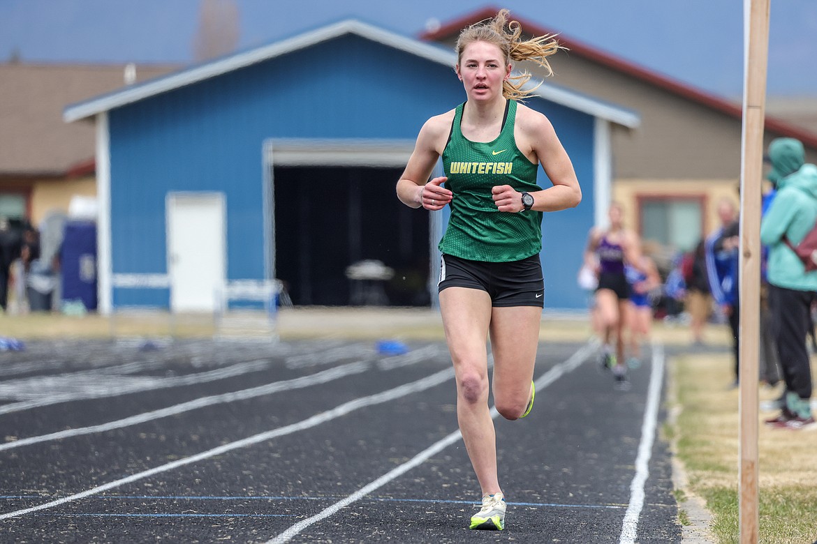 Maeve Ingelfinger wins first place in the girls 1600m at the Iceberg Invite on Saturday in Columbia Falls. (JP Edge photo)