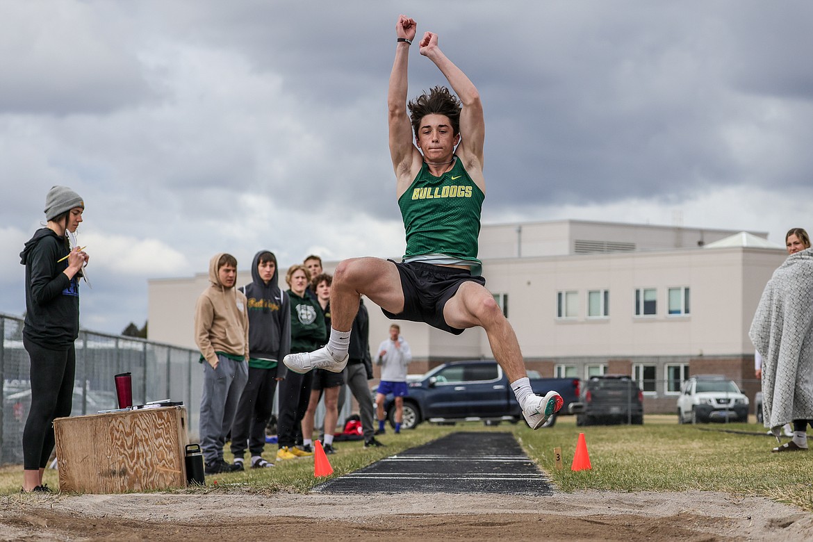 Bulldog Riley Zetooney in the long jump event at the Iceberg Invite in Columbia Falls on Saturday. (JP Edge photo)