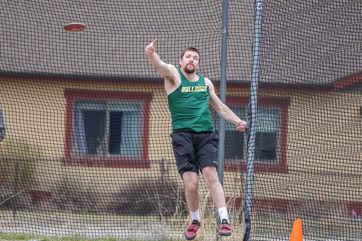 Whitefish's Kitar Olsen competes in discus at the Iceberg Invite in Columbia Falls on Saturday. (JP Edge photo)