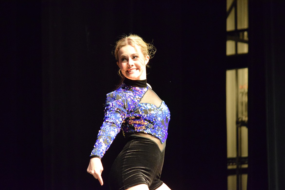 Addy Carlile strikes a pose as she finishes the dance she performed as of the talent portion of the Distinguished Young Women competition on Saturday.