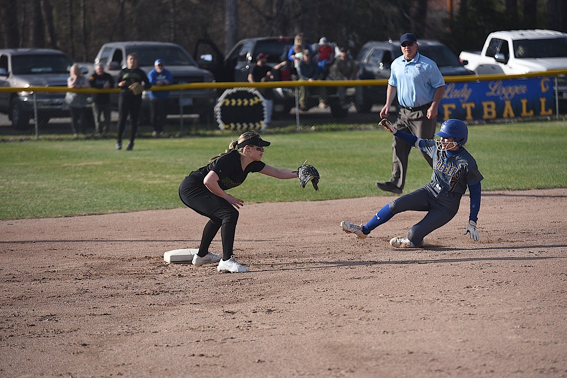 Libby's Mackenzie Foss slides into second base in Tuesday's game against Whitefish. (Scott Shindledecker/The Western News)