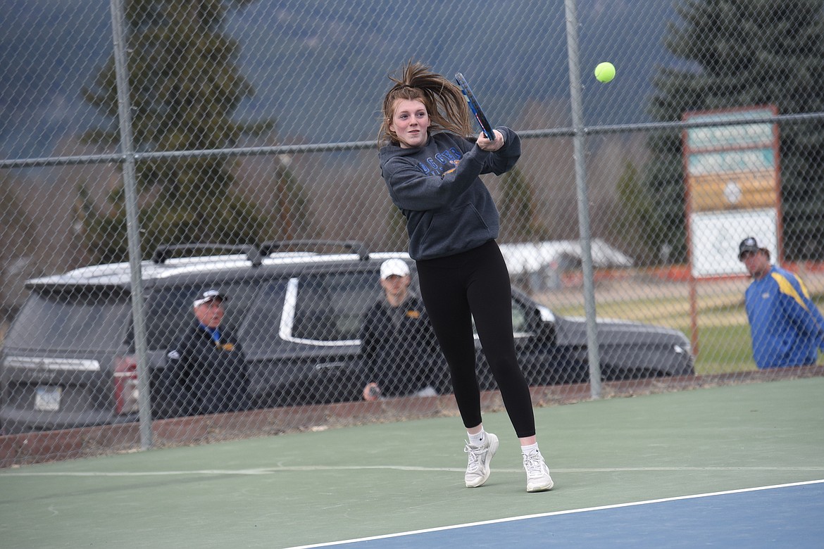 Libby's Allie Thorstenson competes in a doubles match with teammate Ellie Andreessen in the Libby Invitational Saturday, April 22 at Rich Thompson Memorial Terrace. (Scott Shindledecker/The Western News)