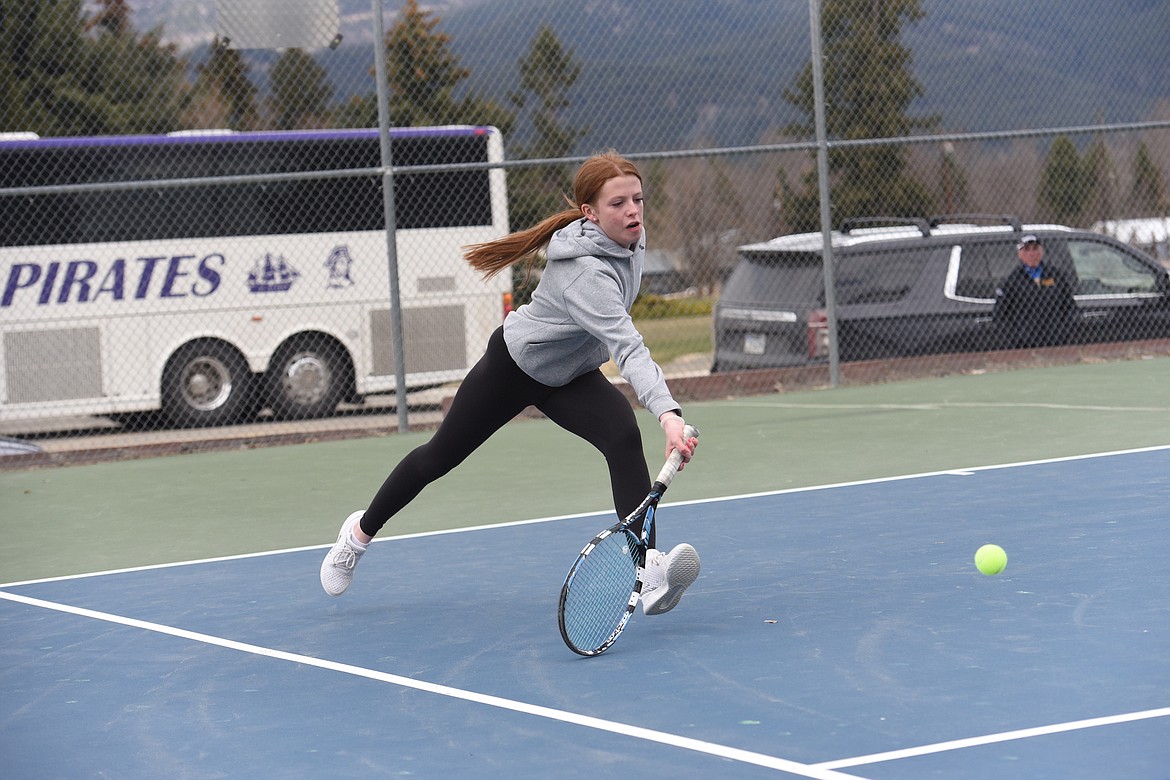 Libby's Ellie Andreessen competes with Allie Thorstenson in a doubles match in the Libby Invitational Saturday, April 22 at Rich Thompson Memorial Terrace. (Scott Shindledecker/The Western News)