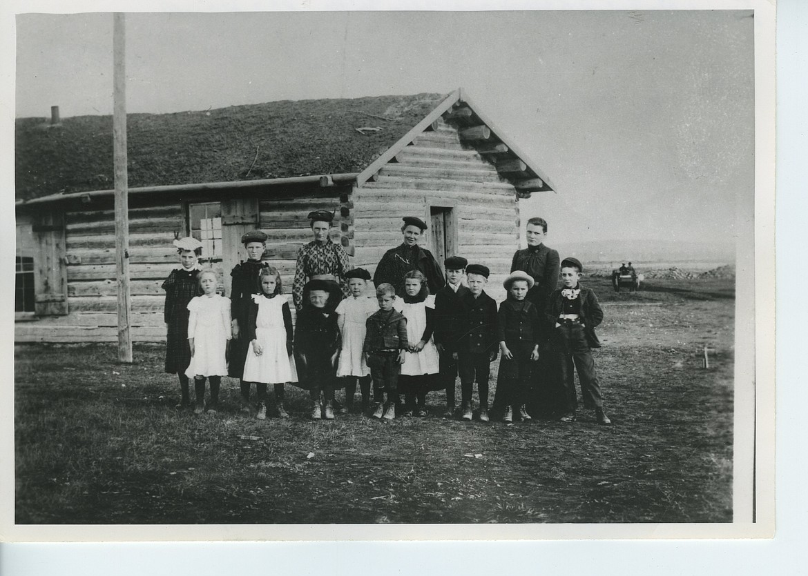 Brocken School composite photo from 1894. The school was three miles north of Somers and built in 1883. From left to right, starting with the back row: Dodo Wilke, Annie Wiley, Mary Wiley, Bessie Jordan and teacher Minnie Sinclair. Bottom row includes Clara Brocken, Lettice Jordan, Edna Brocken, Lee Mynott, Hattie Mumbrue, Henry Wiley, Jim Wiley, Carl Wilke and Lester Brown. (courtesy  of the Northwest Montana History Museum)