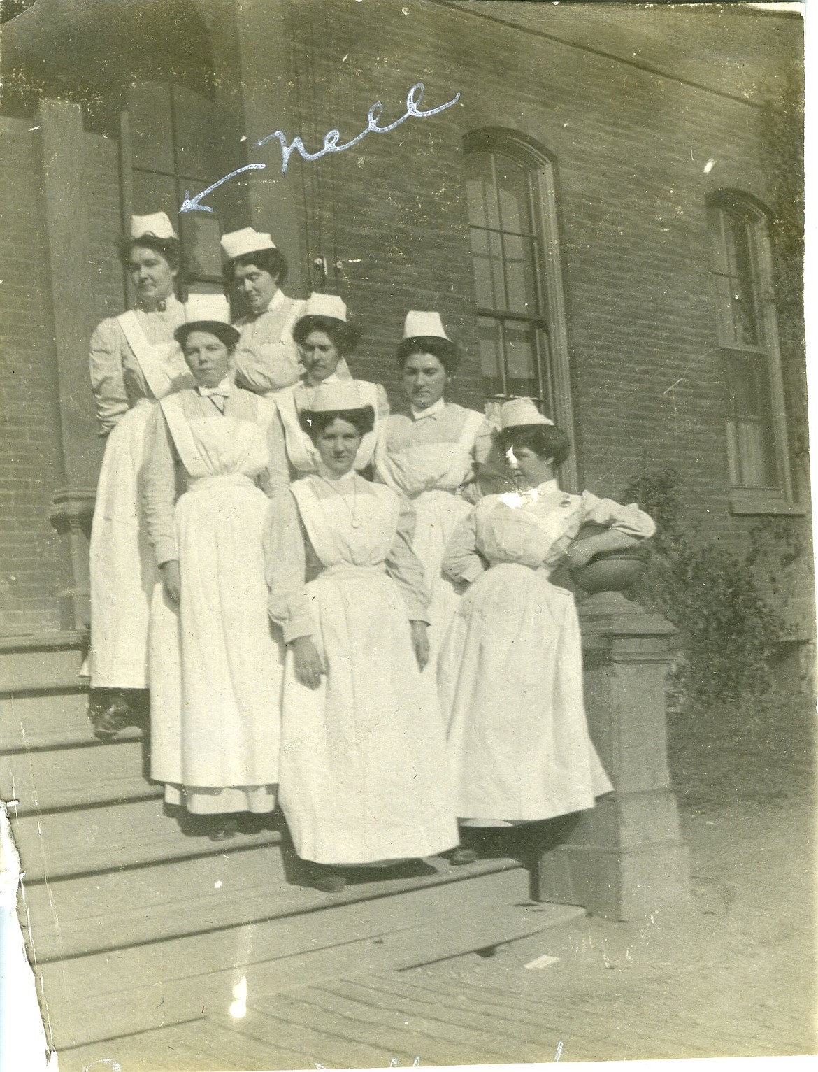 Nell McCarthy with her nursing school classmates at the Sacred Heart Hospital in Spokane, Washington, where many people traveled to go to medical school in the Flathead's early days. Date unknown. (courtesy of the Northwest Montana History Musuem)