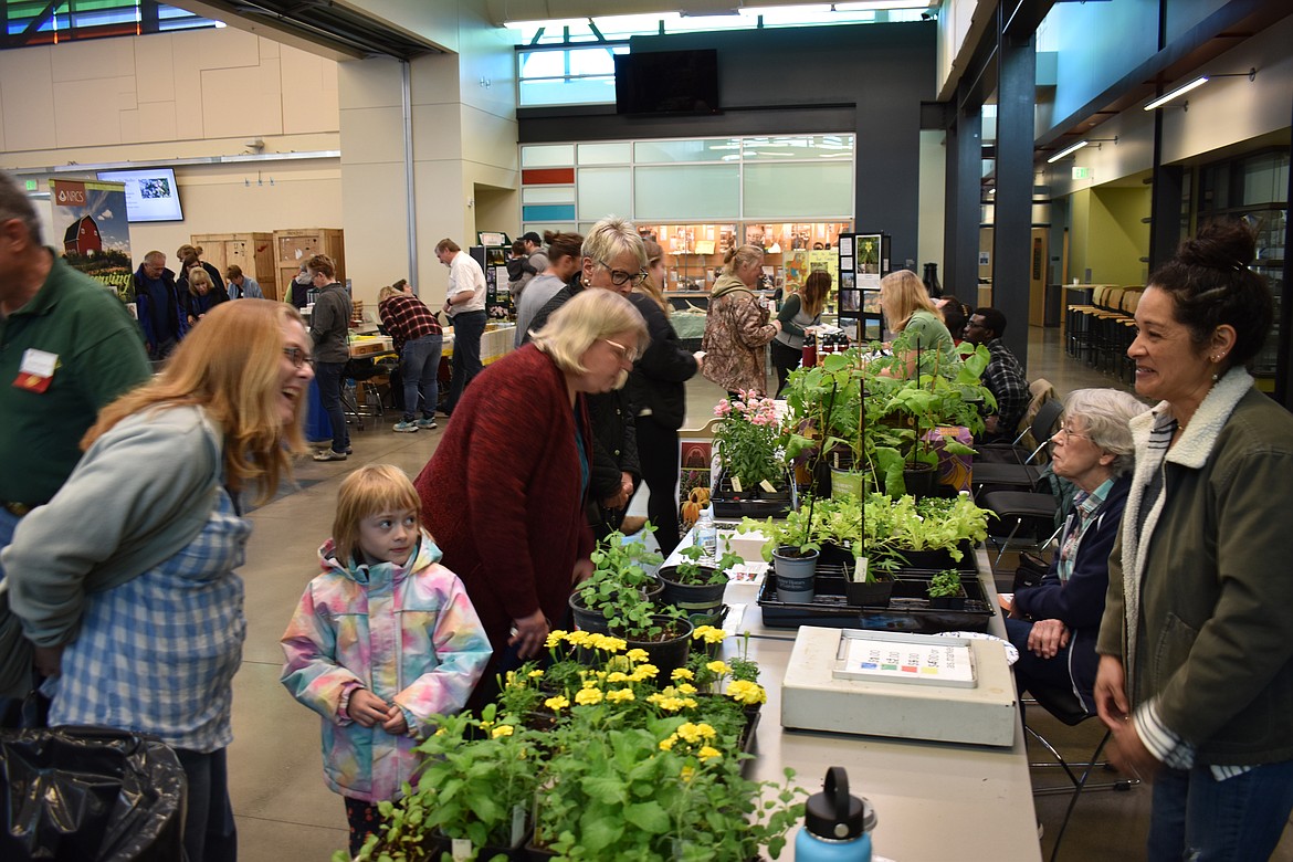 Five-year-old Celestine Reiman and her mom Anjie Rieman, left, talk plants with Maria Reimers, right, at the Columbia Basin Eco-Gardening Symposium Saturday. Celestine was hoping to plant something for her kindergarten teacher, Anjie said.