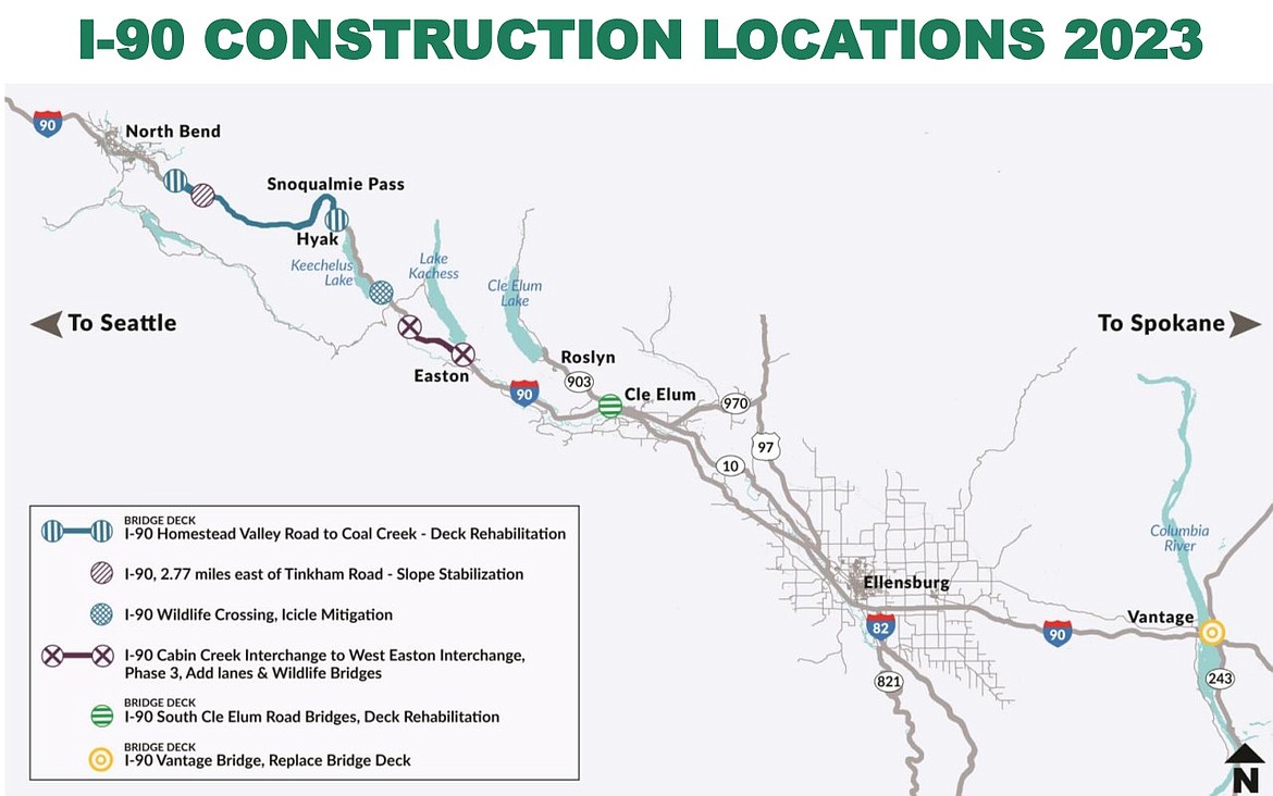 A map noting construction sites along I-90 in 2023. Work to widen the interstate and replace aging bridges will cause significant traffic delays in 2023, according to WSDOT Design Project Engineer Madison Scully.