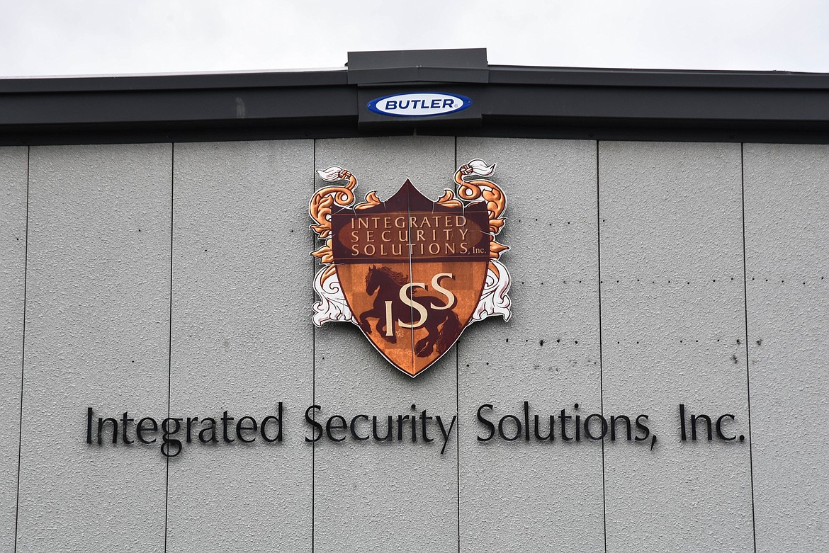 Marquis Laude's family crest, with a Friesian horse's silhouette, is seen on the company building in Evergreen on April 25, 2023. (Kate Heston/Daily Inter Lake)