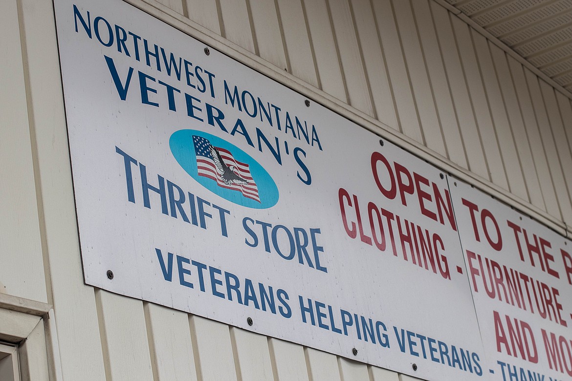 A sign for the veteran's thrift store is seen on April 20, 2023. (Kate Heston/Daily Inter Lake)