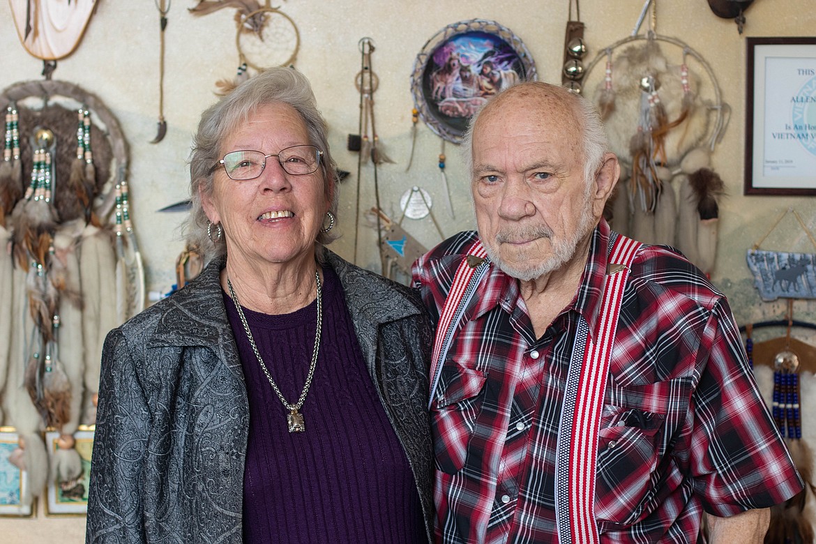 Linda and Allen Erickson pose for a portrait in Allen's office at the Northwest Montana Veterans Food Pantry, which the pair started together, on April 20, 2023. (Kate Heston/Daily Inter Lake)