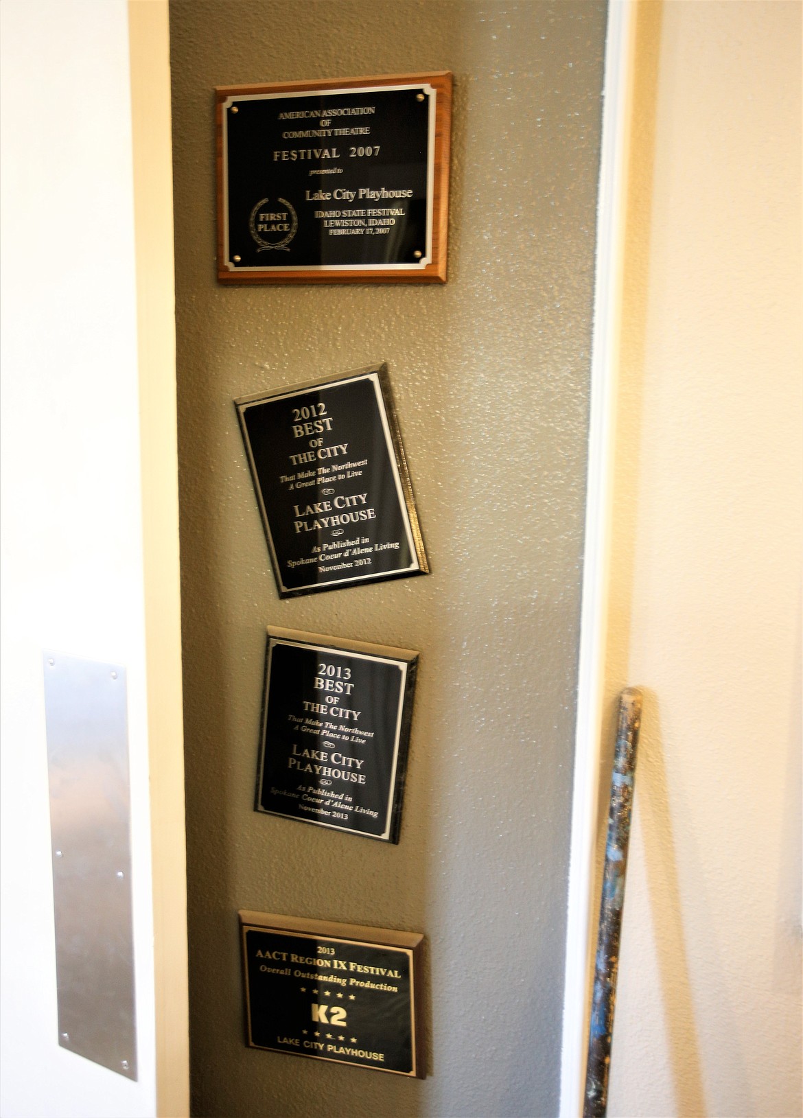 Plaques for past awards are still displayed on the lobby wall of the Lake City Playhouse.