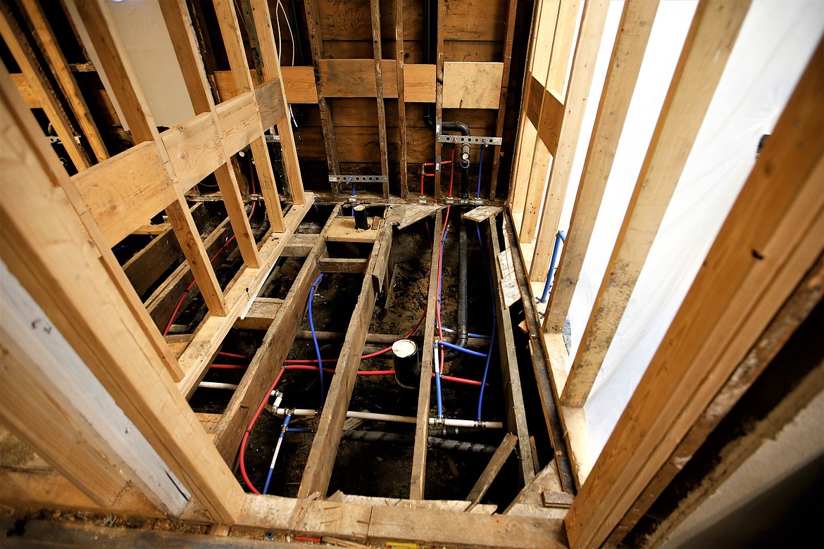 Exposed flooring awaits repairs at the Lake City Playhouse.