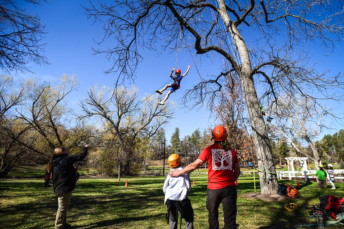 Jack Gaines, a third-grader in Deidre Thompson's class at Peterson Elementary, waves while being hoisted into the canopy of a black walnut tree at the Trees of Life station at the Arbor Day celebration in Woodland Park on Friday, April 28. (Casey Kreider/Daily Inter Lake)