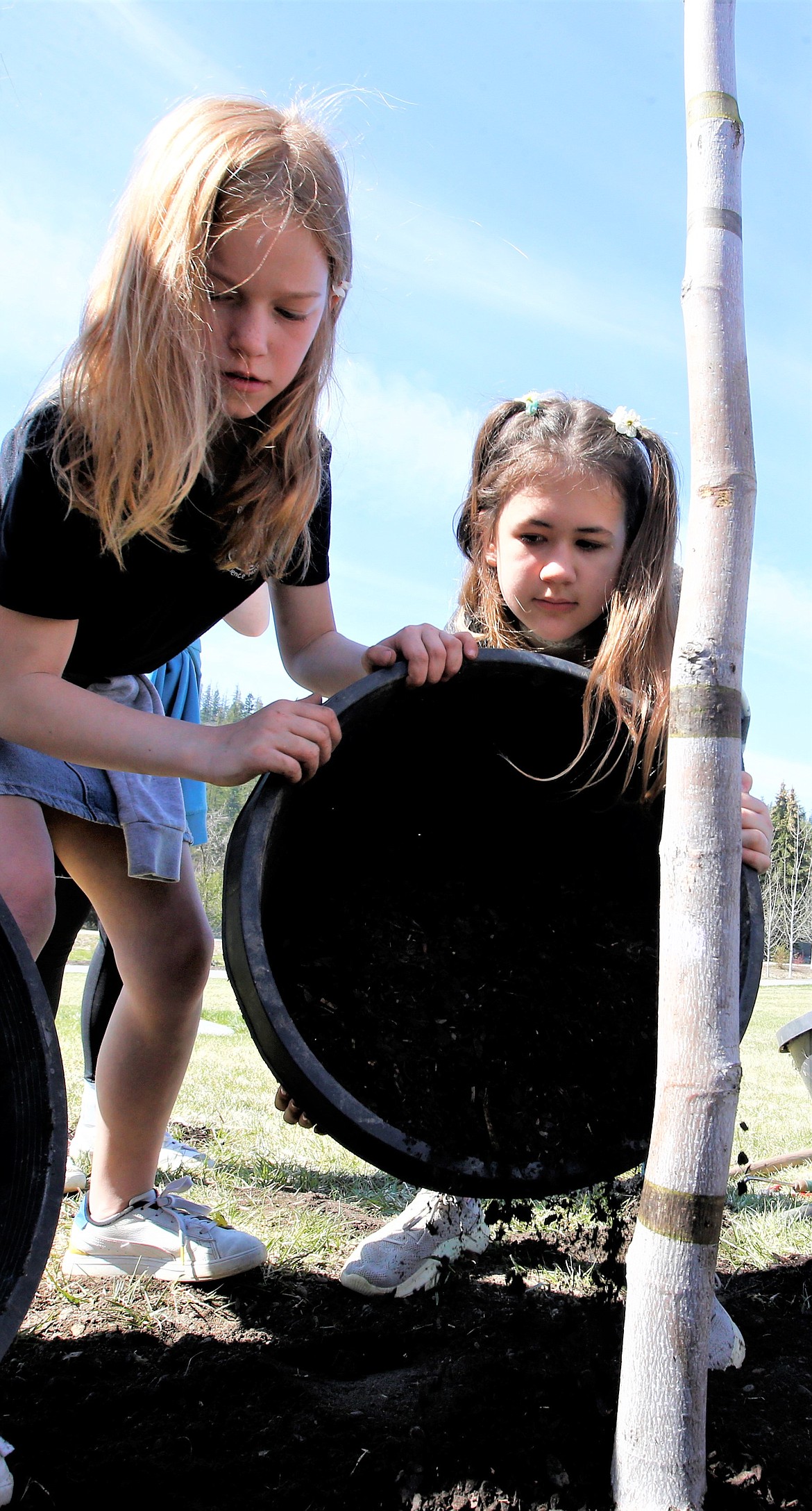 Madison West and Eva Wright, Ramsey Elementary School students, pour dirt around a tulip tree they helped plant at Atlas Waterfront Park on Friday.