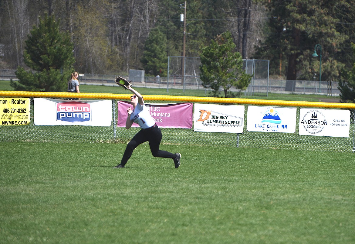 Troy center fielder Autumn Fisher makes a catch against Eureka on Saturday, April 29. (Scott Shindledecker/The Western News)